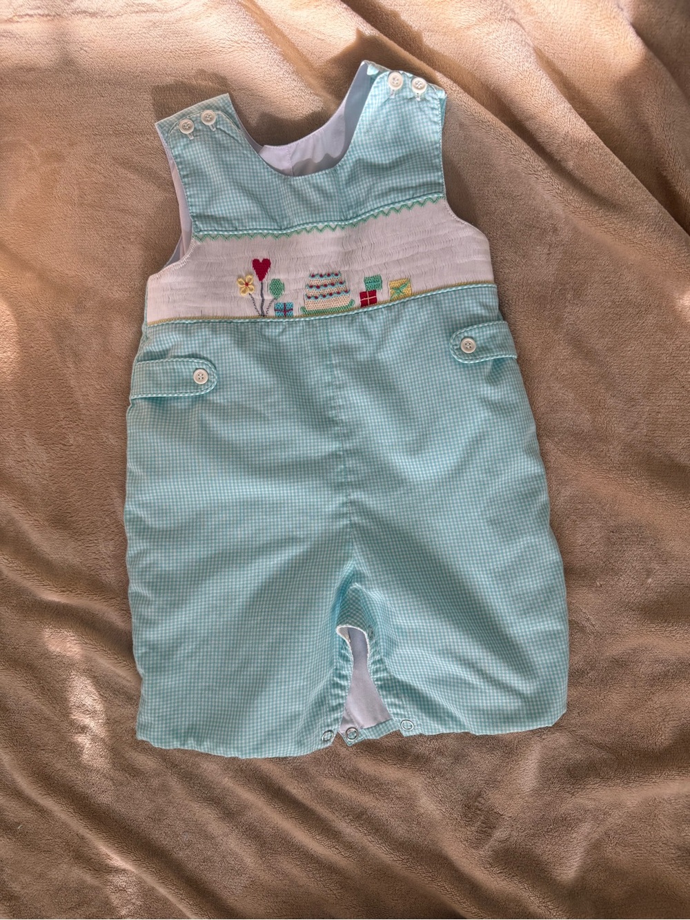 Baby Boys Light Aqua Check Smocked Shortalls